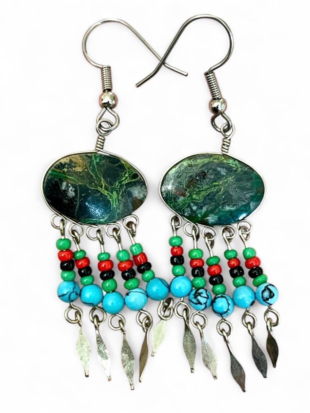 Vintage Artisan Jasper Stone Southwestern Chandelier Dangle Earrings Tribal Boho